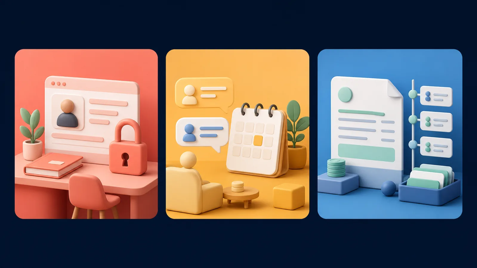 Abstract clinic workspace, appointment flow and record timeline